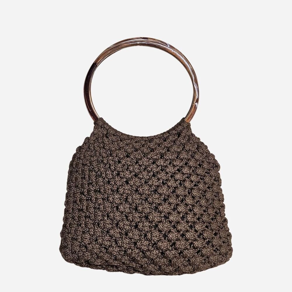 60s 70s boho cottagecore brown macrame bag with plastic handles